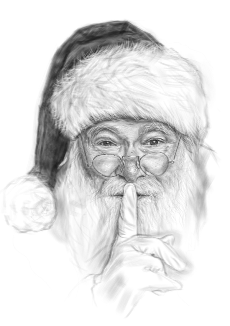 a pencil drawing of santa claus with glasses and a beard holding his finger to his mouth