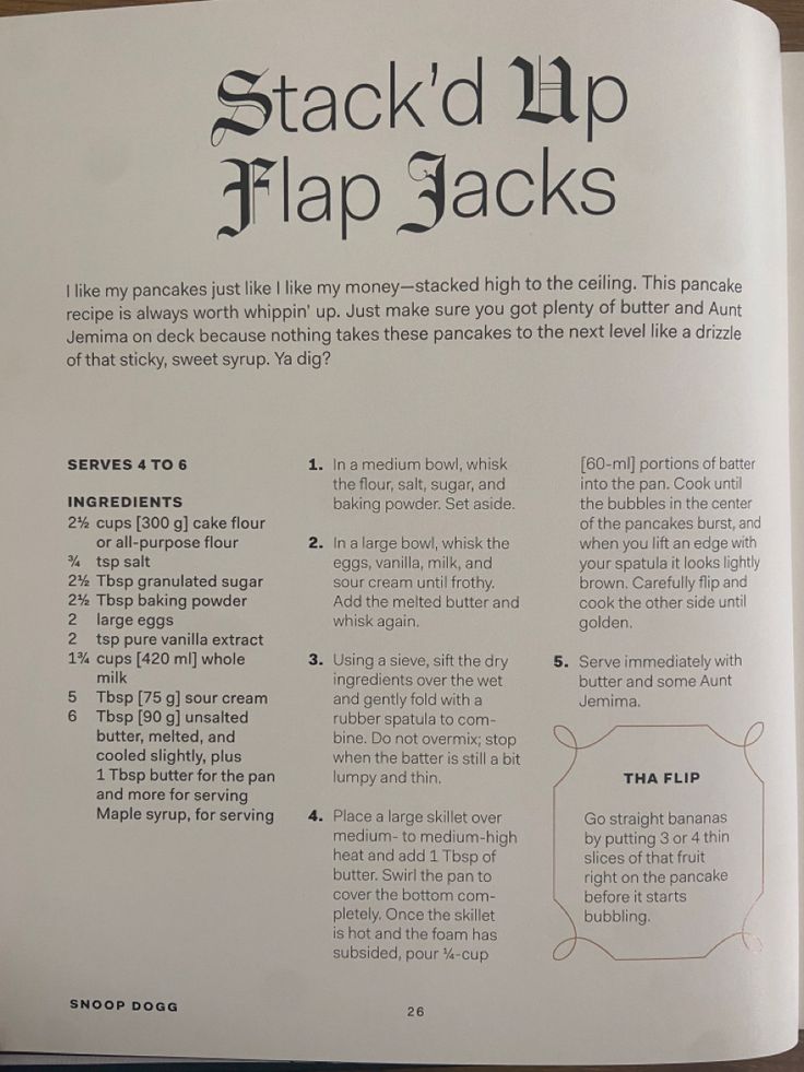 an open book with instructions for stack'd up flapjacks on the page