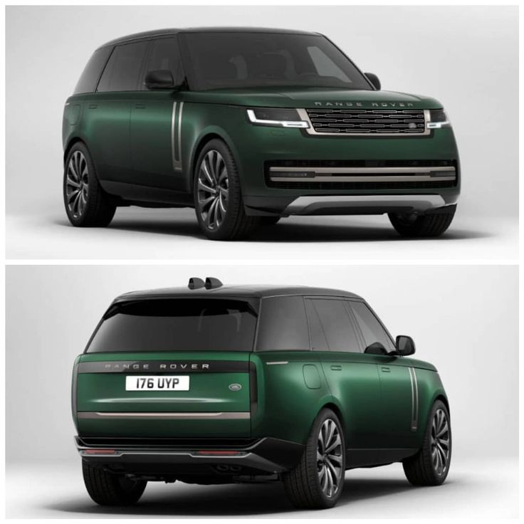 the new range rover concept is shown in two different angles, and it's green