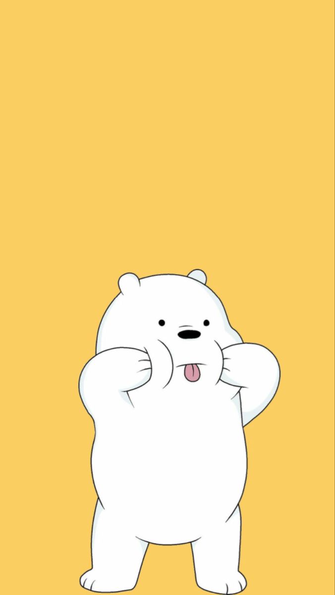 a white bear standing in the middle of a yellow background with his arms up and mouth open