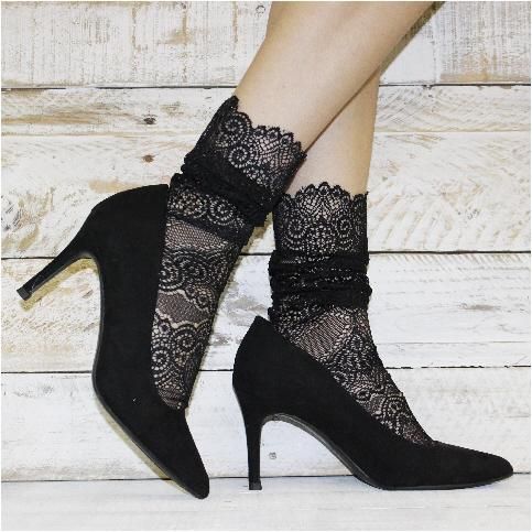 Lace Socks With Heels, Black Lace Socks, Socks With Heels, Lace Sock, Lace Ankle Socks, Socks Lace, Trending Heels, Sock Style, Scallop Top