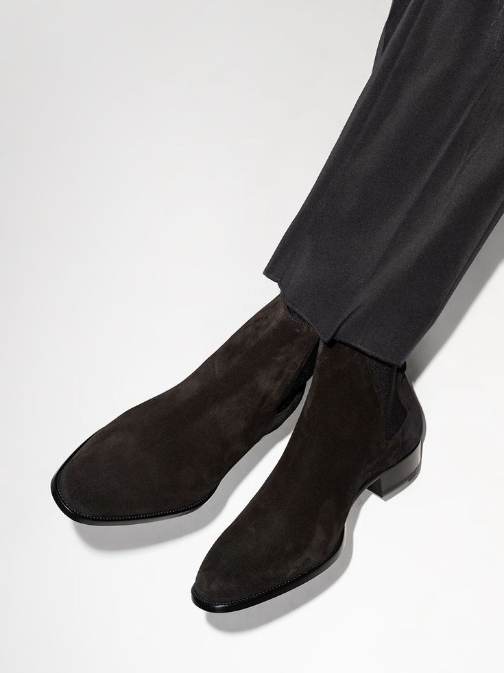 Shop Saint Laurent Wyatt 30mm suede Chelsea boots with Express Delivery - FARFETCH Ysl Chelsea Boots Men, Saint Laurent Chelsea Boots Men, Saint Laurent Boots Men, Suede Chelsea Boots Men Outfit, Saint Laurent Chelsea Boots, Chelsea Boots Brown, Brown Suede Chelsea Boots, Nike Tenis, Chelsea Boots Men Outfit