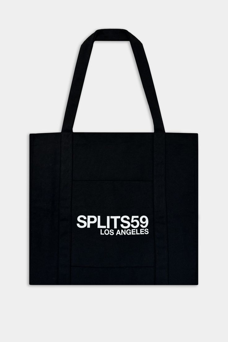 Front flat view of black tote bag with Splits59 Los Angeles white letter print Functional Black Bag With Logo Print, Sporty Black Canvas Bag, Functional Black Cotton Canvas Bag, Functional Black Cotton Bag, Black Bags With Graphic Print For Streetwear, Black Graphic Print Bags For Streetwear, Casual Black Bags With Logo Print, Black Graphic Print Bag For Streetwear, Practical Black Cotton Bags