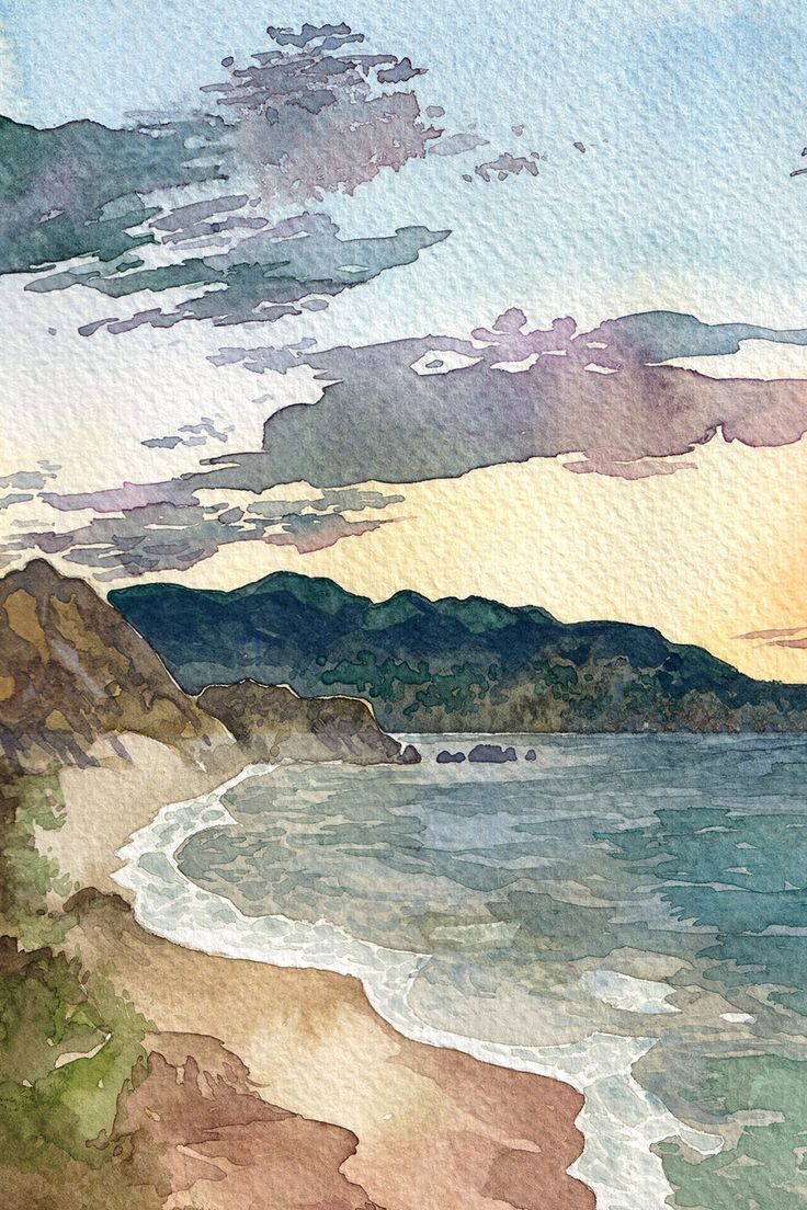 watercolor painting of the ocean with mountains in the background