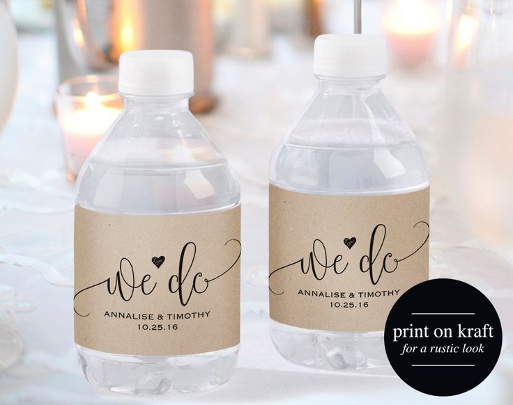 two water bottles with wedding labels on them