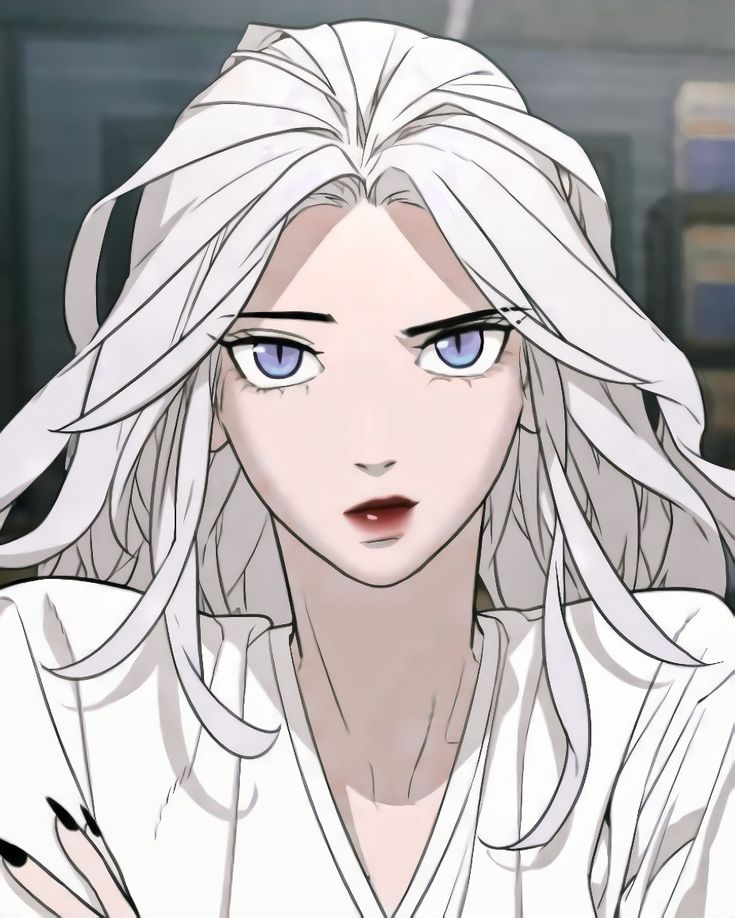 an anime character with long white hair and blue eyes looking at something in the distance