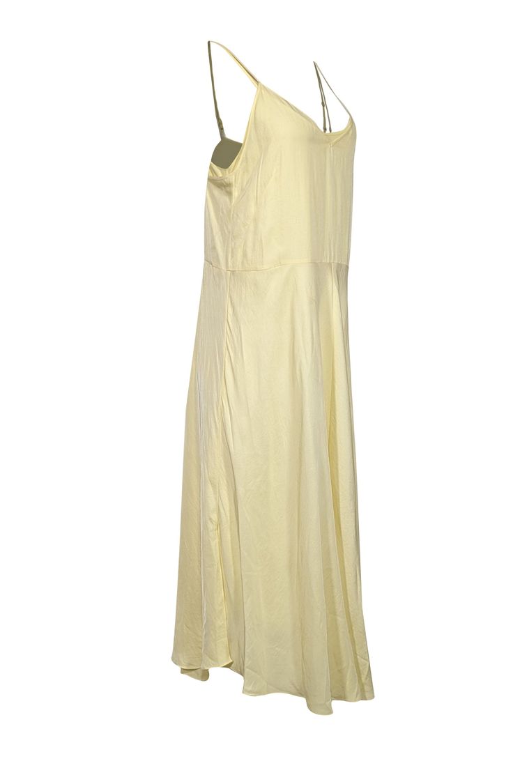 Introducing Vince’s yellow satin sleeveless dress that's a classic beauty. With its double layer design, this maxi dress is perfect for any occasion. Pair it with strappy sandals and a mini clutch for a complete look. Upgrade your wardrobe with this must-have piece! Size M Shell 100% Triacetate Lining 100% Polyester Pullover Adjustable sleeveless straps Side slits Bust 38” Waist 36” Shoulder to hem 50” Silk Maxi Dress In Solid Color, Sleeveless Satin Maxi Dress For Vacation, Yellow Spaghetti Strap Midi Dress For Evening, Yellow Spaghetti Straps Midi Dress For Evening, Spring Maxi Dress With Spaghetti Straps For Formal Events, Spring Formal Maxi Dress With Spaghetti Straps, Summer Formal Maxi Dress With Spaghetti Straps, Formal Maxi Dress With Spaghetti Straps For Summer, Elegant Yellow Silk Slip Dress