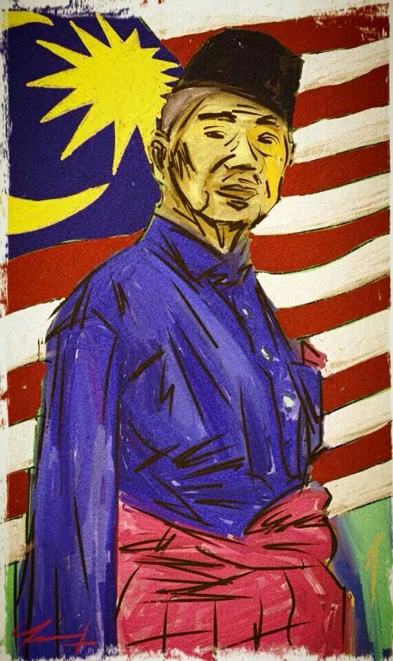 a drawing of a man in front of an american flag with the image of malaysia on it