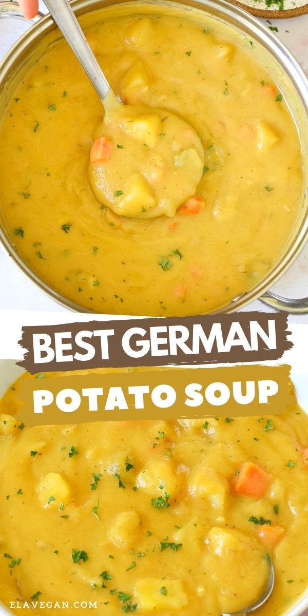 two bowls filled with soup next to each other and the words best german potato soup