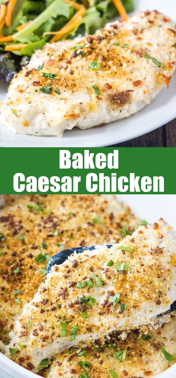 baked caesar chicken with parmesan cheese on top and green salad in the background