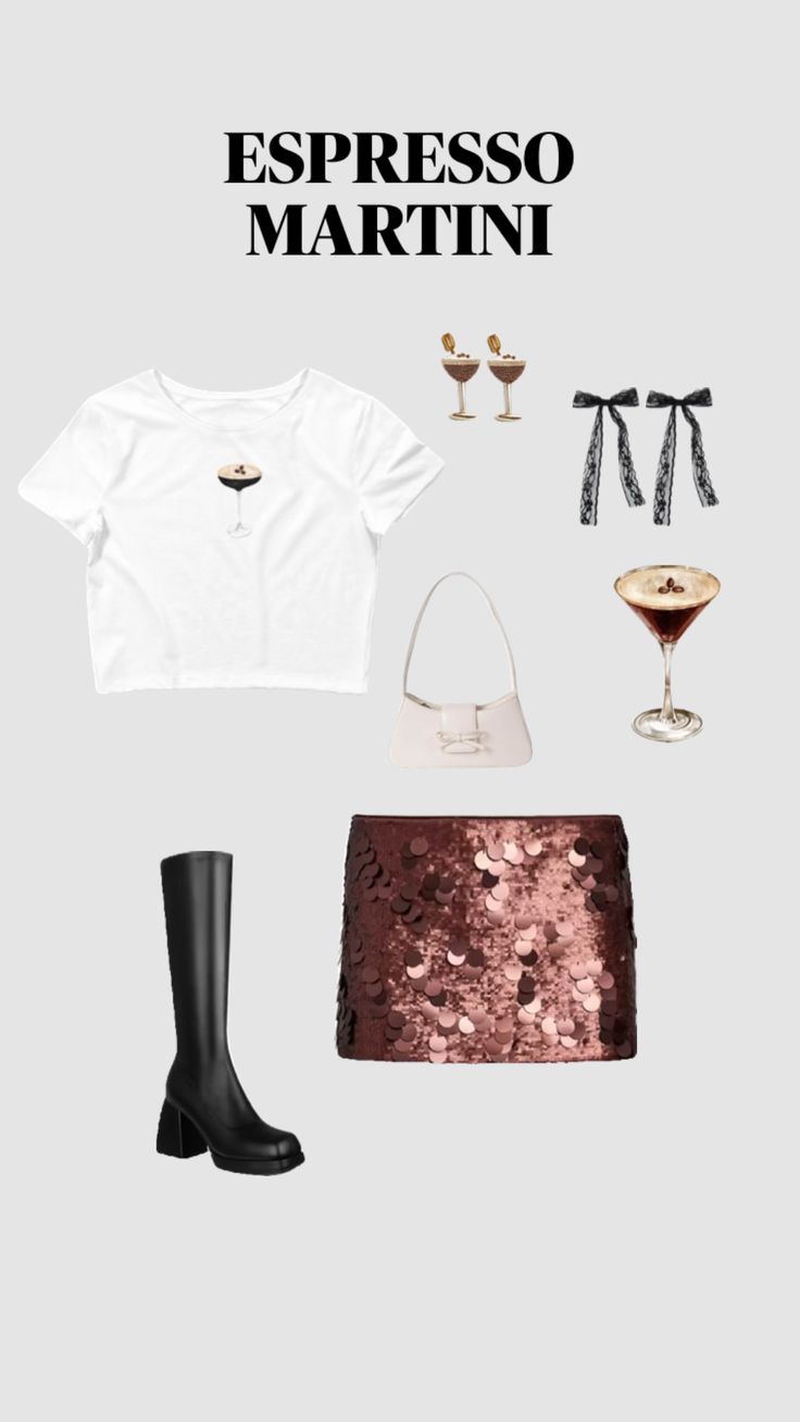 a woman's outfit with boots, skirt and t - shirt