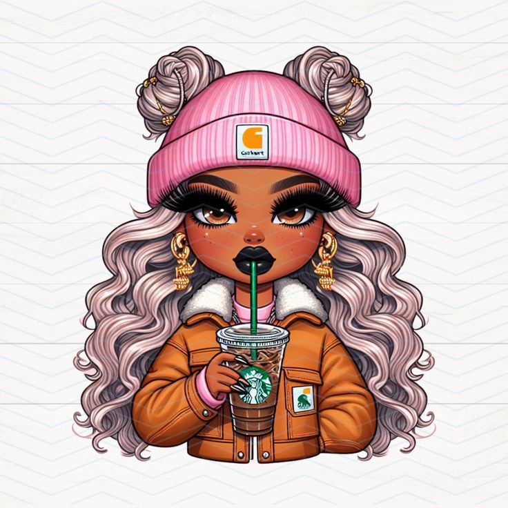 a drawing of a girl holding a starbucks drink and wearing a pink beanie hat