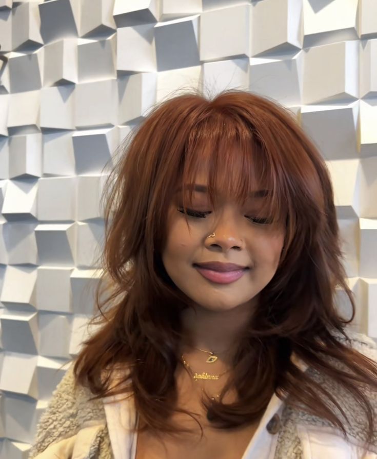 Auburn Bangs Hair, Hair Color That Grows Out Well, Short Layered Copper Hair, Olive Undertone Hair Color, Orange Ish Brown Hair, Chocolate Orange Hair, Maple Brown Hair On Brown Skin, Dark Brown Hair With Orange, Dark Orange Brown Hair