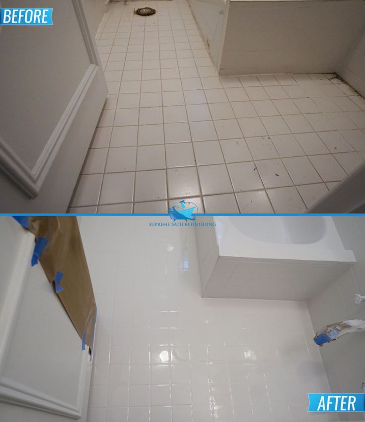 before and after pictures of a bathroom with white tile flooring, walls and bathtub