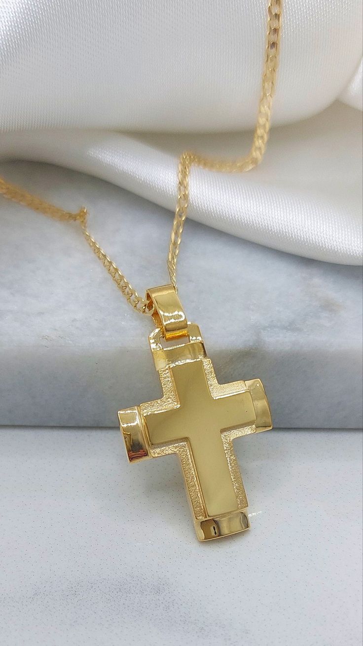 A Perfect Solid Gold Cross Yellow Gold 14k Gross  Details: Height33 mm Width:19 mm Weight:Approximately 9.9 gr 14k / 11.0gr 18k Metal:Yellow Gold Style:      Baptism Cross ❣️ For more  crosses take a look here      👉  https://www.etsy.com/shop/GiorgosJewelry?ref=seller-platform-mcnav&section_id=15859824 🎁 All of our jewelry come in specially hand packaged gift boxes        so they are ready for great gift giving! 📞 Please fill in your order a mobile phone number for any communication with the Gold Crucifix For Anniversary, Yellow Gold Cross Pendant For Baptism, Yellow Gold Baptism Cross Pendant Jewelry, Gold Cross Pendant Jewelry For Baptism, Gold Cross Jewelry For Baptism, Yellow Gold Cross Necklaces For Baptism, Yellow Gold Crucifix Jewelry For First Communion, Gold Cross Pendant For Anniversary, 14k Gold Cross Pendant For First Communion