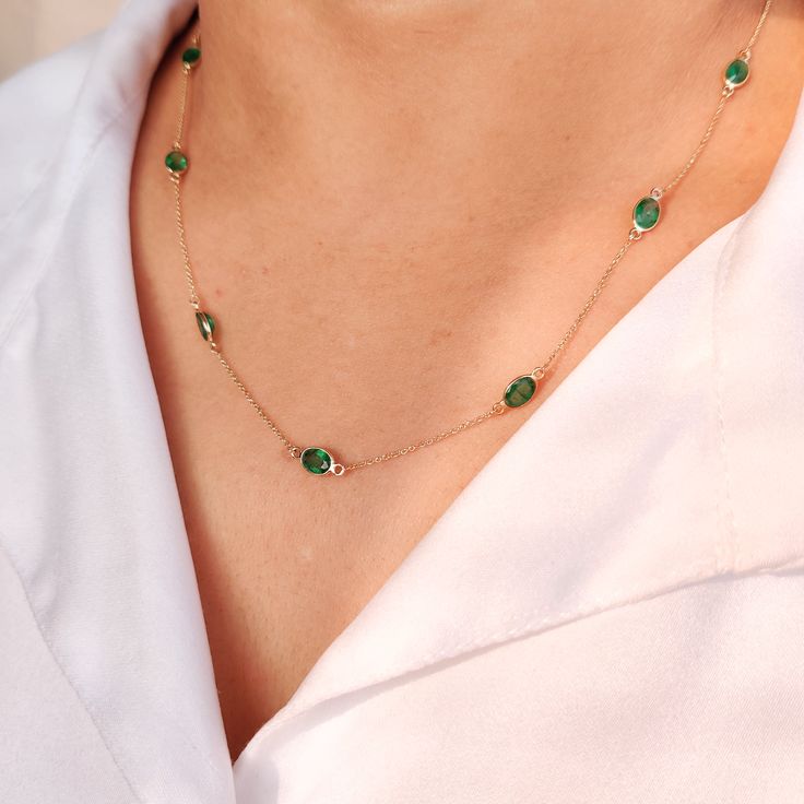 "This stunning necklace is set in 14k Solid Yellow Gold with Natural Emerald with utmost precision. It is an unique gemstone necklace for nearly every occasion and is completely hassle-free jewelry. ITEM DETAILS: * Gem: Emerald * Gem Size: 6x4mm * Gem Shape: Oval * Gem Weight: 3.70 carats * Gold Purity: 14KT * Gold Weight: 1.75 gram * Total Weight: 2.49 gram * Necklace Length: 18\" Inches The Gold purity is guaranteed and it comes with authentic 14KT gold hallmark. Since my items are handmade, t Fine Jewelry Oval Emerald Necklace With Jewels, Oval Emerald Necklace With Jewels In Fine Jewelry Style, Oval Emerald Necklace With Jewels, Elegant Emerald Briolette Necklaces, Elegant Gemstones With Gemstone Accents For May Birthstone, Elegant Gemstones With May Birthstone Accents, Elegant May Birthstone Gemstones With Accents, Fine Emerald Necklaces With Bezel Setting, Emerald Single Strand Necklace As Gift