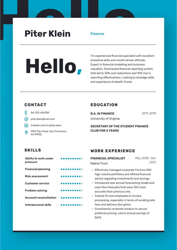 a professional resume template with blue and black accents