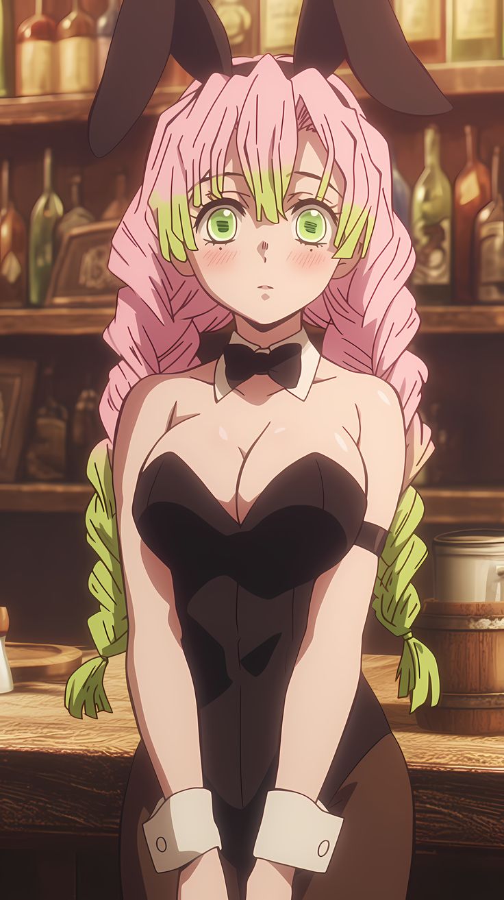 a woman with pink hair and green eyes sitting in front of a shelf filled with bottles