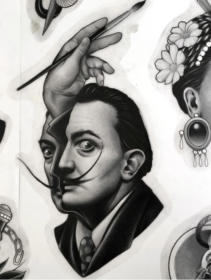 a black and white drawing of a man's face with scissors in his hand