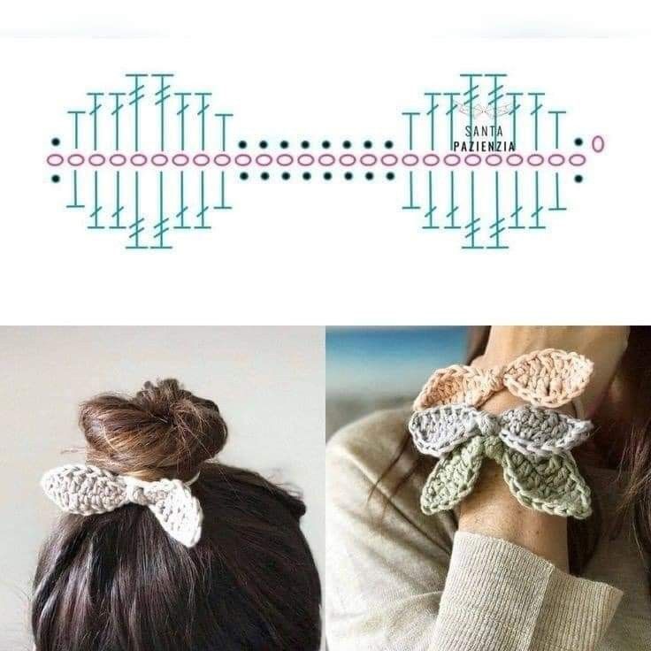 two pictures with different types of crochet hair accessories on them and the same one is