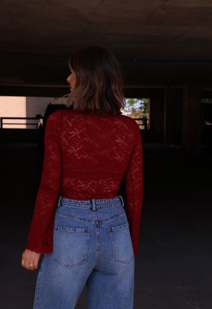 Our Perfect Mistake Top offers sheer lace for a touch of elegance. The v neckline and slight flare sleeve add a flattering shape, while the button up closure allows for versatile styling. In a beautiful red, this top is truly alluring! Fabric 92% polyester, 8% spandex Lining 90% nylon, 10% spandex New Tops, V Neckline, Sheer Lace, Flared Sleeves, Dress Collection, American Girl, New Dress, Nice Dresses, Fall Outfits