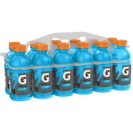 six bottles of gatorade water are lined up