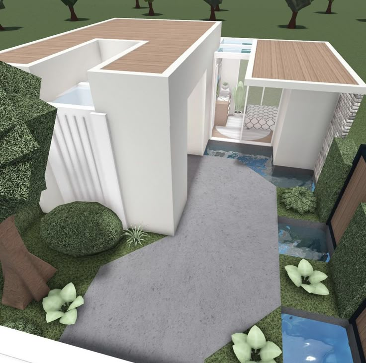 an artist's rendering of a house in the middle of a park with trees and bushes