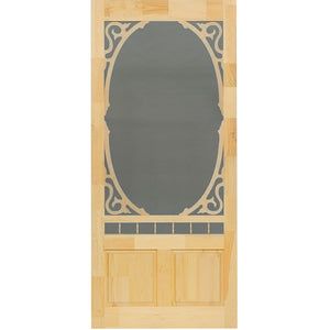 a wooden door with a glass paneled in to the center and side panels on it