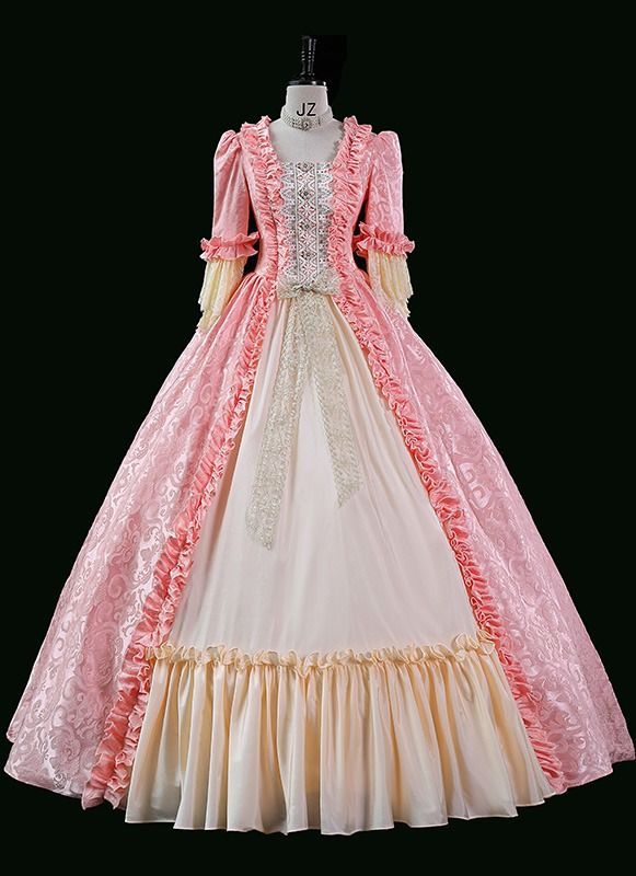 Vintage Pink Jacquard Renaissance Fair Colonial Lady Princess Tea Party Garden Floral Marie Antoinette Gown Dress Theater Costume Pink Lace Ball Gown For Wedding, Pink Lace Wedding Ball Gown, Pink Lace Fitted Ball Gown, Pink Princess Gown For Banquet, Pink Ball Gown For Banquet, Elegant Pink Lace Ball Gown, Pink Floor-length Gown For Banquet, Pink Floor-length Banquet Gown, Pink Elegant Ball Gown For Fancy Dress