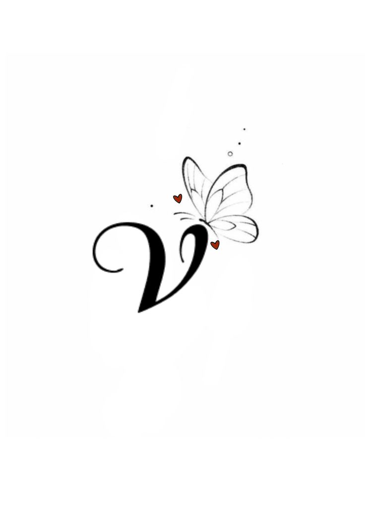 the letter v with a butterfly on it's back and hearts in its wings