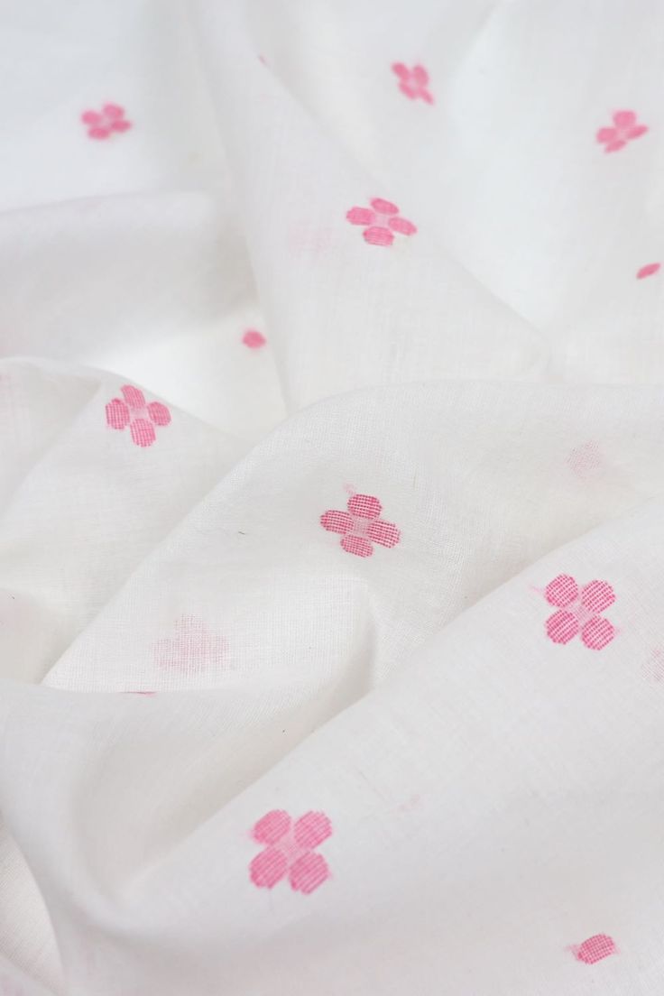 Small pink flower-like motifs and dots alternate on this handwoven cotton fabric. Slightly crisp, sheer and silky white cotton jamdani. Each flower measures about 5/8 inch wide. Make a charming baby dress! handwoven all cotton 44 inches wide Small Pink Flowers, Handloom Fabric, Light Summer, African Fabric, Pink Flower, Cotton Weaving, Slow Fashion, Baby Dress, White Cotton