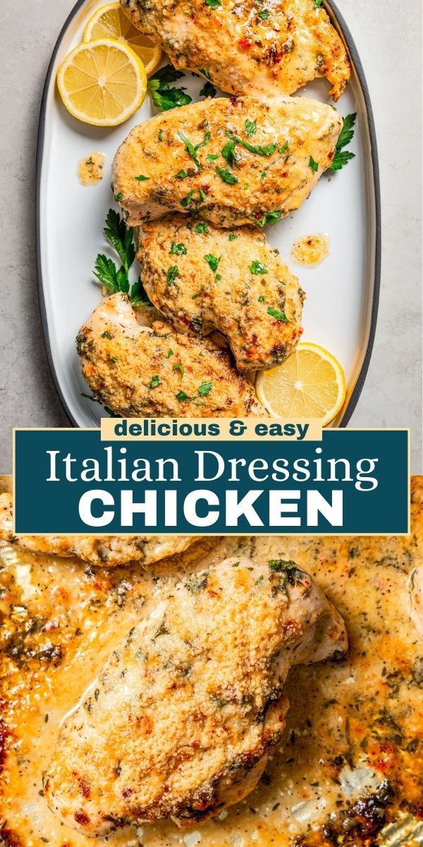 You'll love this juicy, flavorful Italian dressing chicken. Chicken breasts are marinated in zesty Italian dressing, creamy mayo, and herbs, baked, and finished with bubbly, melty parmesan cheese. Chicken Marinade With Italian Dressing, Baked Chicken Recipes Italian Dressing, Zesty Italian Dressing Chicken, Italian Dressing Parmesan Chicken, Italian Dressing Recipe Chicken, Zesty Italian Chicken Baked, Chicken Recipes With Italian Dressing, Baked Chicken With Italian Dressing, Chicken Breast Marinade Recipes Baked