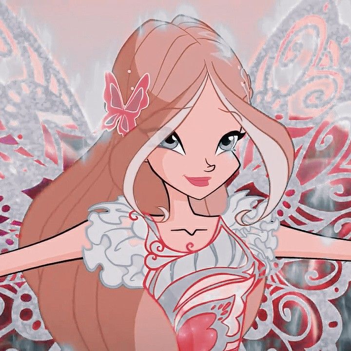 a cartoon girl with pink hair and butterfly wings