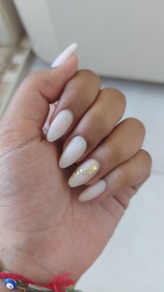 Gold Leaf Wedding Nails, Almond Nails Designs Milky White, Gold Leaf Gel Nails, Milky White Nails With Gold Glitter, White Almond Nails With Accent Nail, Nail Designs With Gold Leaf, White And Gold Acrylic Nails Almond, Milky Nails Gold Foil, Acrylic Nail Designs Milky White