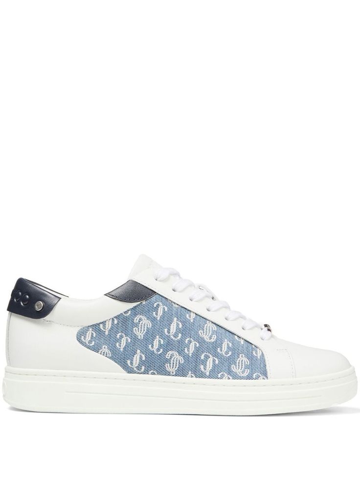 blue/white calf leather monogram pattern debossed logo to the rear contrasting branded heel counter round toe front lace-up fastening flat rubber sole Jimmy Choo Sneakers, Jimmy Choo Men, Leather Monogram, Sneakers Multicolor, Round Toe Sneakers, Debossed Logo, Monogram Pattern, Sneakers Blue, Leather Pattern