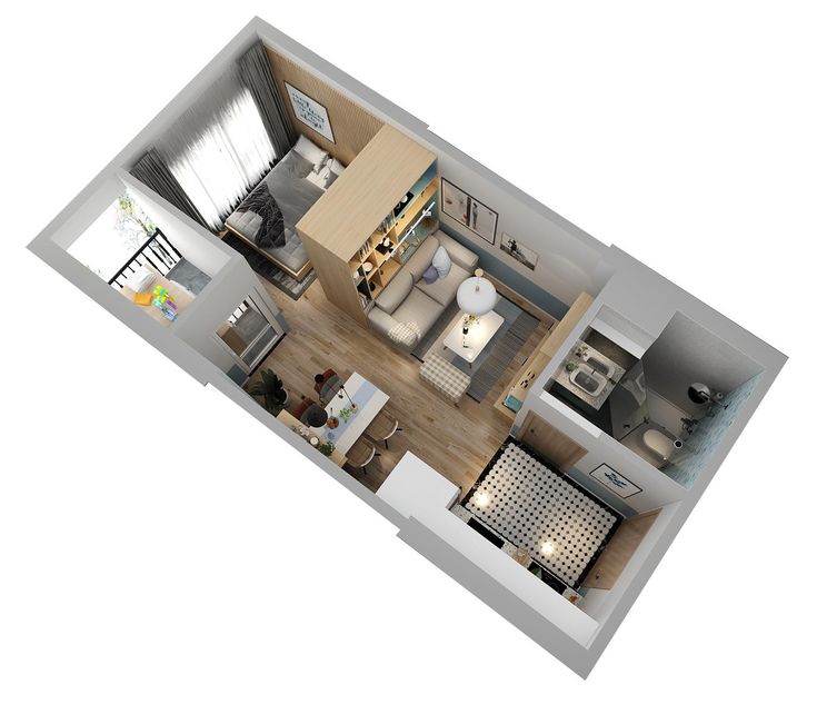 an overhead view of a two bedroom, one bath apartment with living room and kitchen