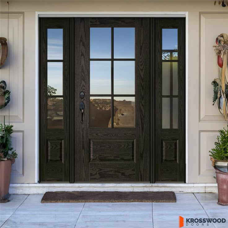 the front door to a house with potted plants