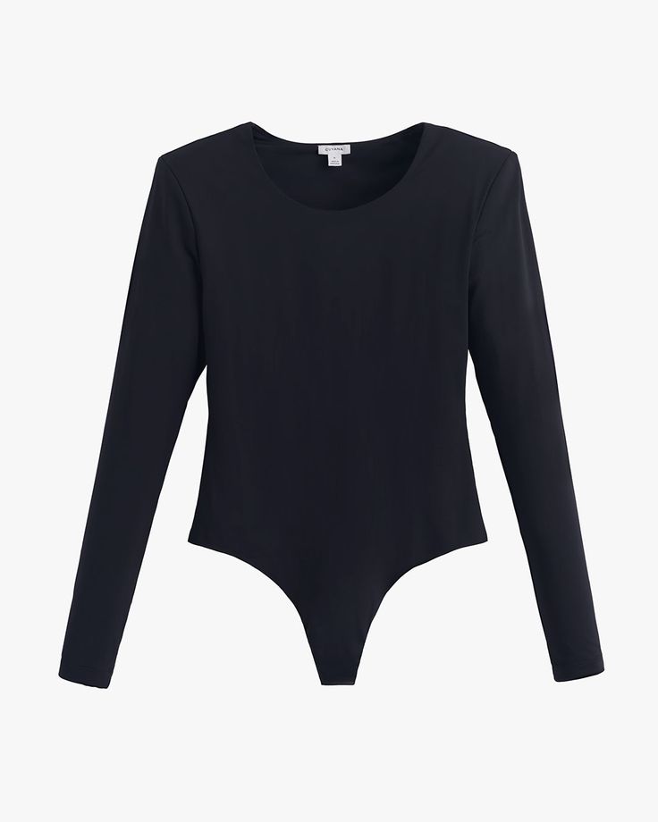 Long-sleeve bodysuit with a scoop neckline. Chic Compressive Bodysuit, Versatile Stretch Bodysuit, Minimal Stretch Bodysuit For Night Out, Night Out Bodysuit With Minimal Stretch, Compressive Long Sleeve Elastane Bodysuit, Versatile Solid Stretch Bodysuit, Versatile Stretch Solid Color Bodysuit, Casual Compressive Bodysuit, Elastane Bodysuit For Workwear In Spring