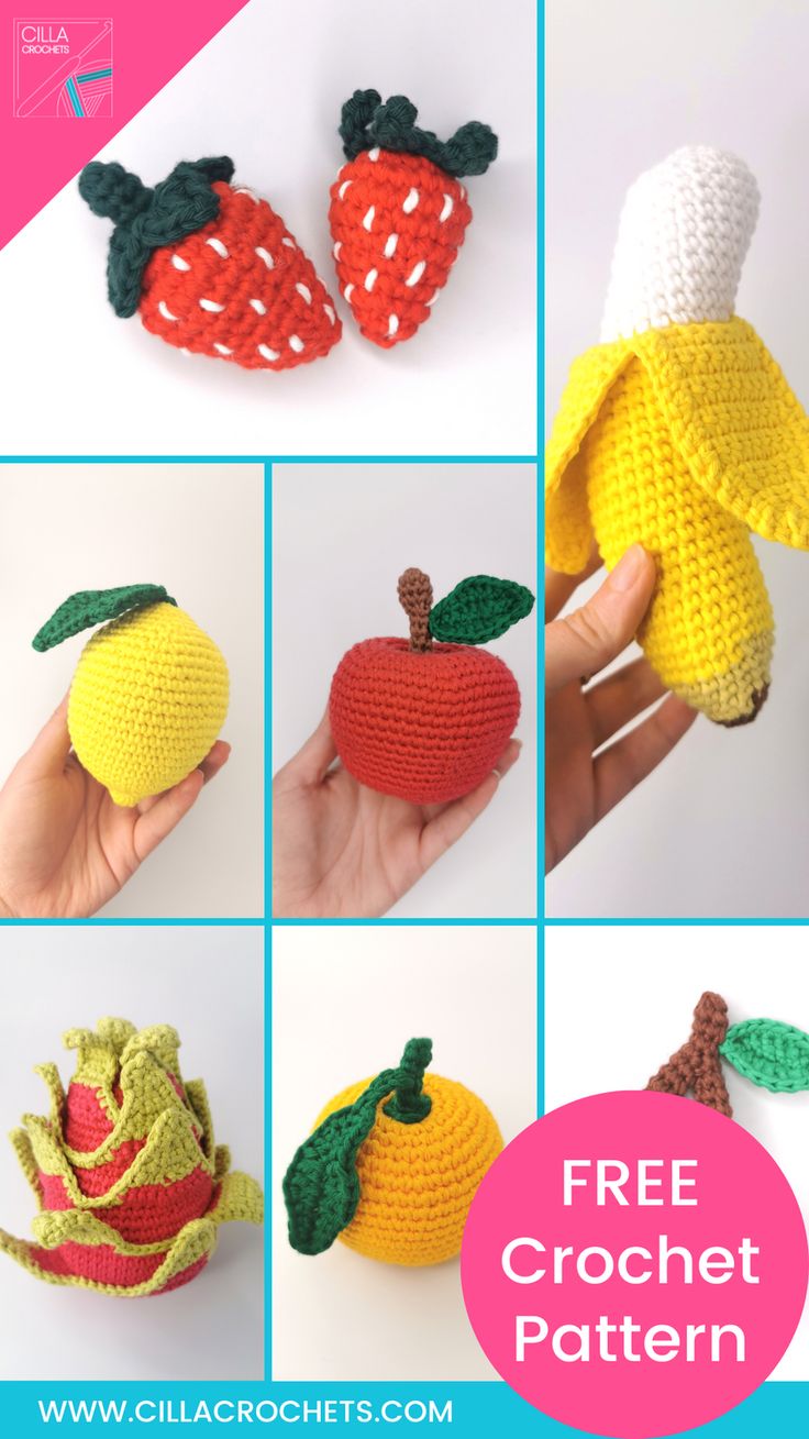 crocheted fruits and vegetables are featured in this collage