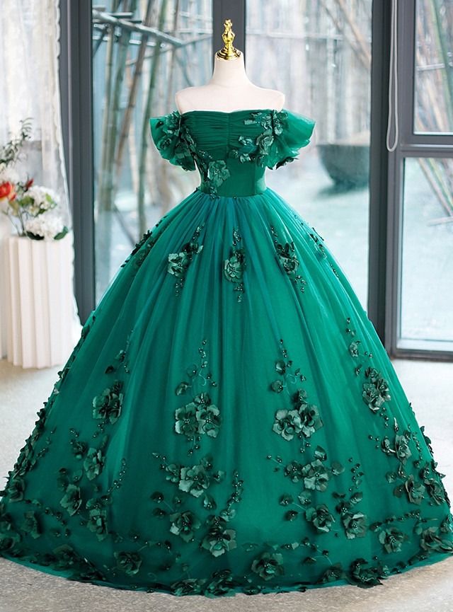 Green Tulle 3D Flower Off the Shoulder Quinceanera Dress Quinceanera Green, Off The Shoulder Quinceanera Dress, Dress Etiquette, Quinceanera Dresses Green, Princess Bridal Gown, Beaded Party Dress, Green Tulle, Exquisite Gowns, Green Dresses