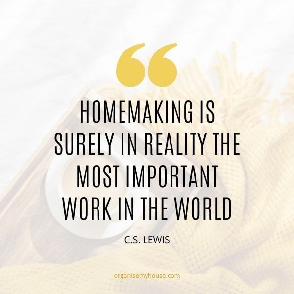 a cup of coffee on top of a wooden table next to a yellow blanket with the words, homemaking is surely in reality the most important work in the world