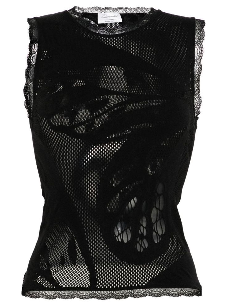 Blumarine lace-trim Tank Top - Farfetch Mesh Beaded Top, Subversive Outfits Black Women, 2000s Fashion Layering, Black Lace Mesh Top, Sheer Tops Outfit, Alt Feminine Outfits, Chanel Bra, Top Black Outfit, Farfetch Tops