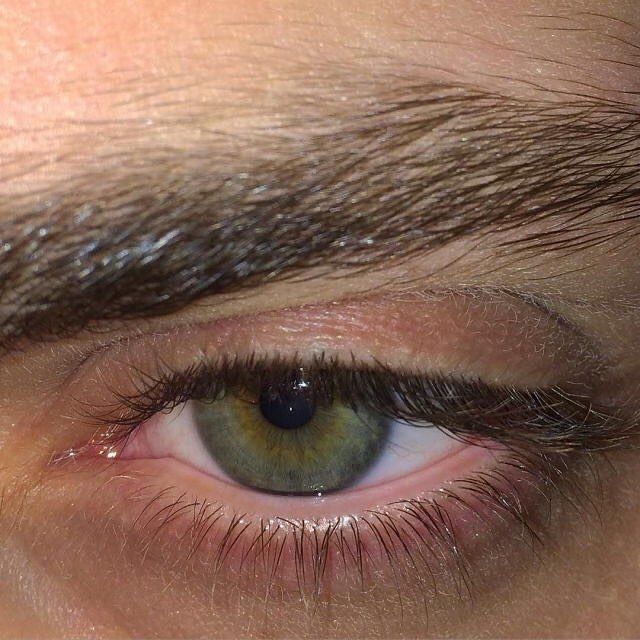 a close up view of an eye with brown hair