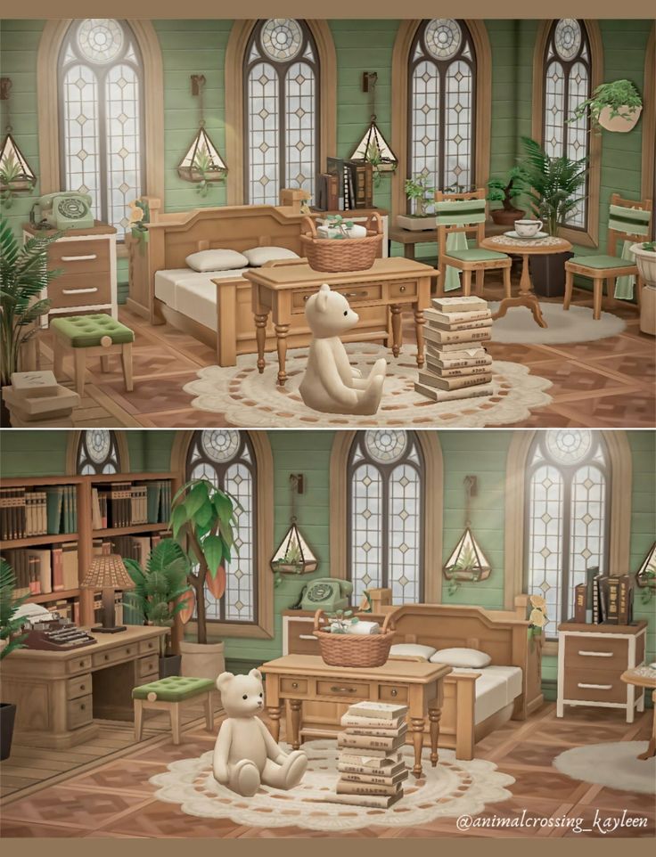 there are two pictures of a living room with teddy bears in the middle and on the right