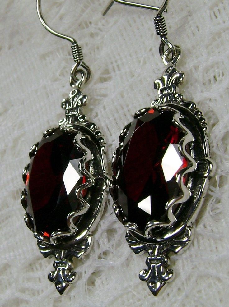 Red Garnet Cubic Zirconia (CZ) Earrings, Sterling Silver Filigree, Victorian Jewelry, Pin Design P18 Exquisite Red Jewelry For Gift, Classic Silver Ruby Jewelry, Silver Jeweled Earrings As A Gift, Silver Crystal Earrings With Jewels As Gift, Silver Crystal Earrings With Jewels For Gift, Silver Jeweled Earrings For Gift, Red Faceted Oval Jewelry, Silver Earrings With Jewels For Gifts, Red Faceted Jewelry For Formal Occasions