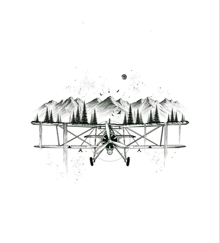 an airplane with mountains in the background and trees on it's wings flying through the air