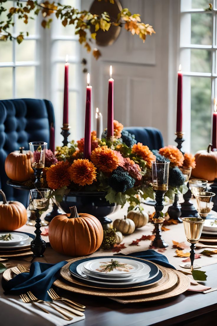 a dining room table set with candles and pumpkins