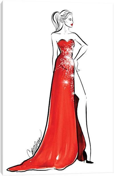 a drawing of a woman in a long red dress with sequins on it