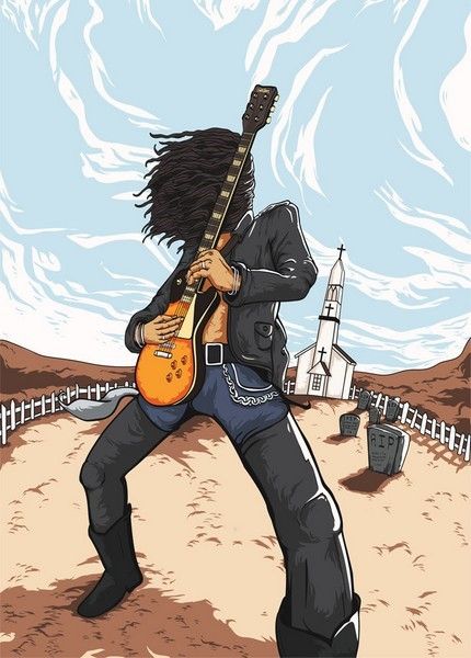 a man with dreadlocks playing an electric guitar in the desert by a church