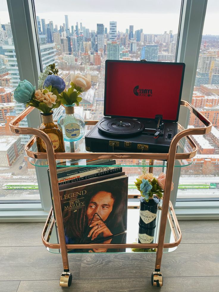 a laptop computer sitting on top of a metal cart filled with books and records next to a window